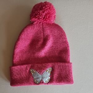 Pink Kids Beanie with Butterfly Patch